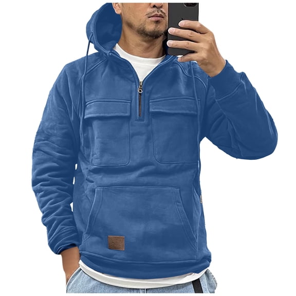 Tactical Hoodies for Men Fall Winter Quarter Zip Up Long Sleeve Sweatshirts Outdoor Cargo Trendy Pullover Tops Blue L