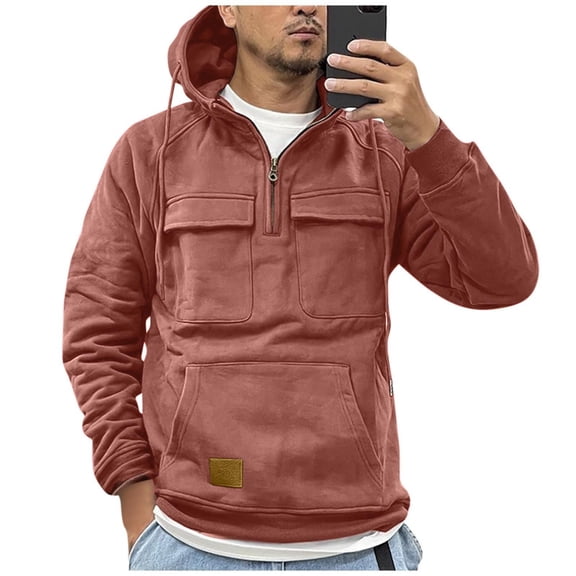 Tactical Hoodies for Men Fall Winter Quarter Zip Up Long Sleeve Sweatshirts Outdoor Cargo Trendy Pullover Tops Pink XL