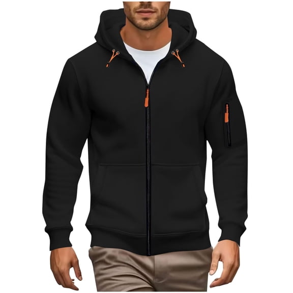Hoodies for Men Full Zip up Pullover Vintage Casual Long Sleeve Outdoor Fall Winter Hooded Sweatshirt Pockets (2XL, Black)