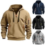 Tactical Hoodies for Men Military Cargo Sweatshirt Quarter Zip Pullover Fleece Lined Gym Workout Khaki L