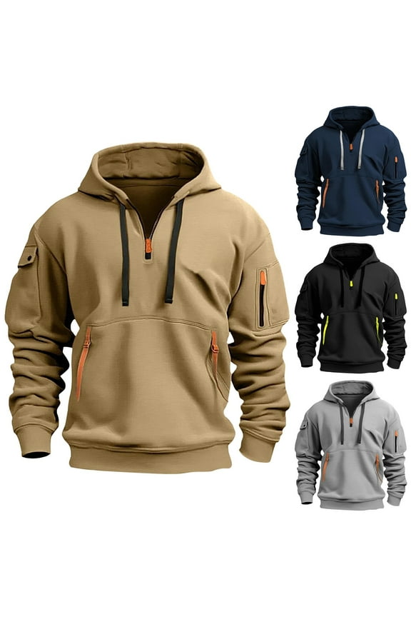 Tactical Hoodies for Men Military Quarter Zip Pullover Cargo Hoodie Fleece Lined Sweatshirt with Pockets Black L
