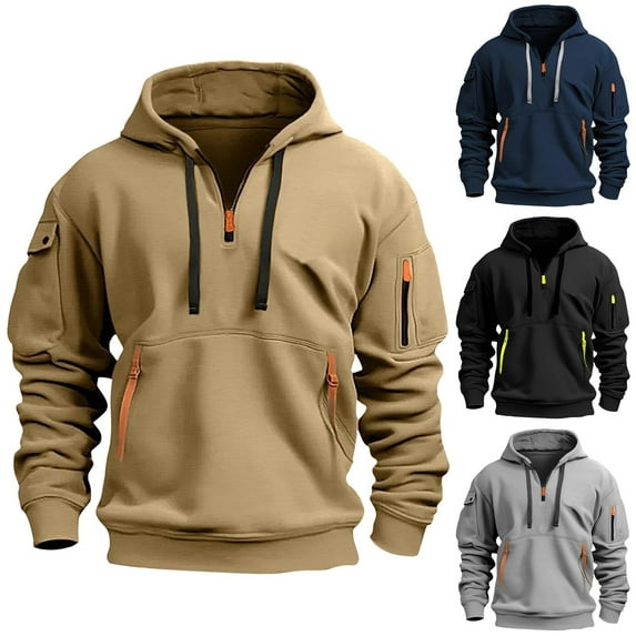Big and Tall Hoodies for Men Quarter Zip up Tactical Hoodie Pullover Fall Winter Fashion Hooded Sweatshirt Pockets Khaki M