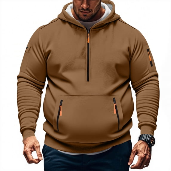 Tactical Hoodies for Men, Plus Size Quarter Zip Pullover Vintage Hooded Sweatshirt Oversized Fall Hoodie with Zip Pockets Coffee M