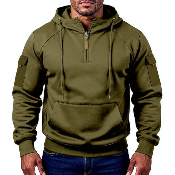 Tactical Hoodies for Men Quarter Zip Cargo Pullover Hoodies Military Outdoor Hooded Sweatshirts with Pocket Army Green L