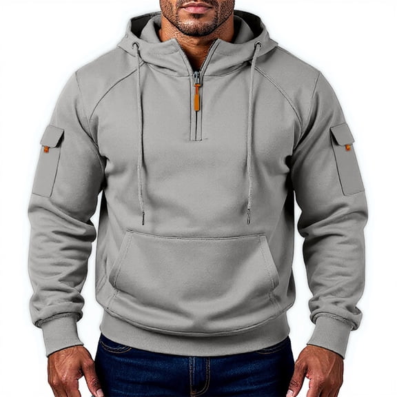 Tactical Hoodies for Men Quarter Zip Cargo Pullover Hoodies Military Outdoor Hooded Sweatshirts with Pocket Gray L