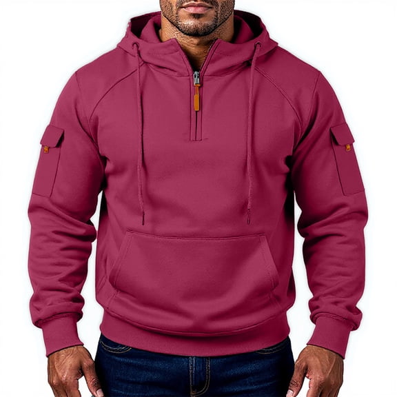 Tactical Hoodies for Men Quarter Zip Cargo Pullover Hoodies Military Outdoor Hooded Sweatshirts with Pocket Wine XL