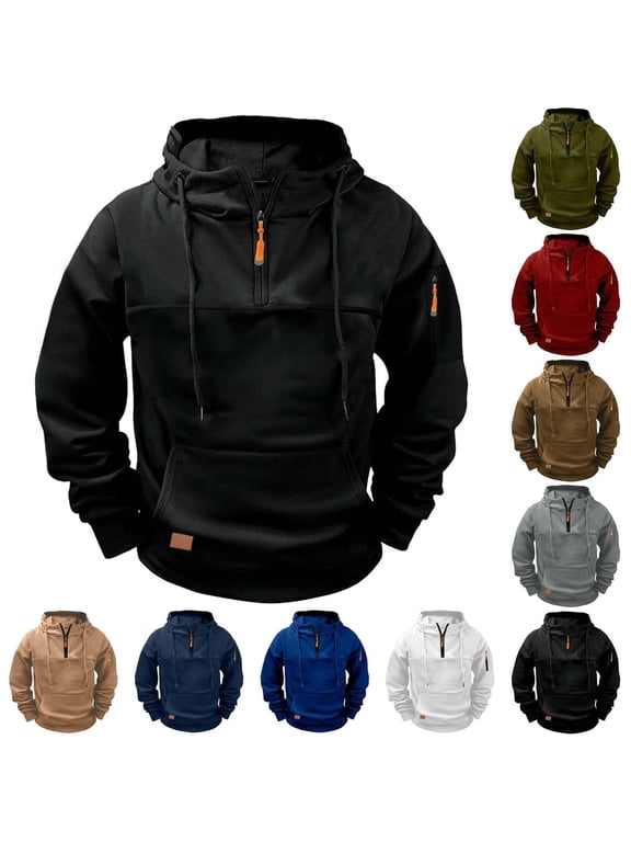 Tactical Hoodies for Men Quarter Zip Casual Fleece Work Outdoor Sweatshirt with Arm Zip Pocket, M