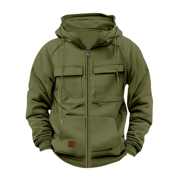Tactical Hoodies for Men Zip Up Military Cargo Sweatshirts Long Sleeve Vintage Outdoor Workout Hoodie with Pocket Army Green 2XL