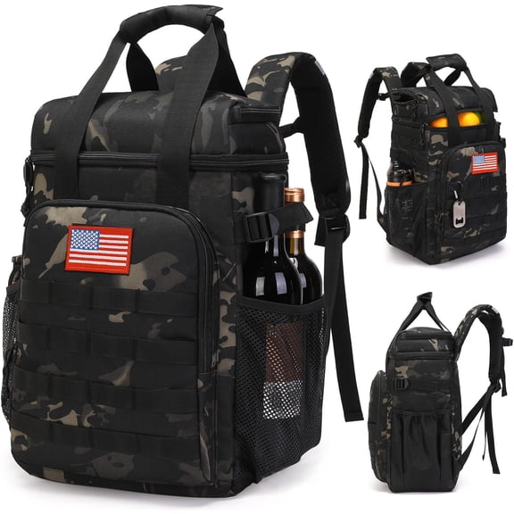 Tactical Insulated Cooler Backpack with Dual Compartments Waterproof Leak Proof Black Camo