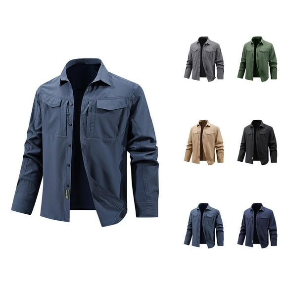 Tactical Jacket for Men 2025 Long Sleeve Lightweight Breathable Button Down Collared Zip Up Jacket with Pockets