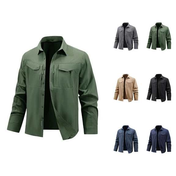 Tactical Jacket for Men 2025 Long Sleeve Lightweight Breathable Button Down Collared Zip Up Jacket with Pockets