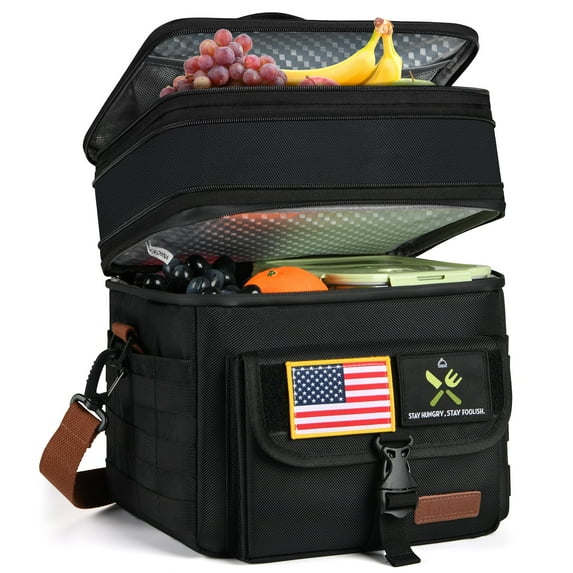 Lunch Bag for Women Men Double Deck Lunch Box, Tactical Leakproof Insulated Soft Large Adult Lunch Cooler Bag for Work, (Black,16L)