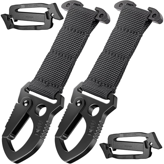 Tactical MOLLE Clip with Quick-Release Metal Hook & Nylon Webbing T-Mount | Secure Gear Attachment for Backpack, Vest, Belt, Car Seats & EDC(2PCS, Black)
