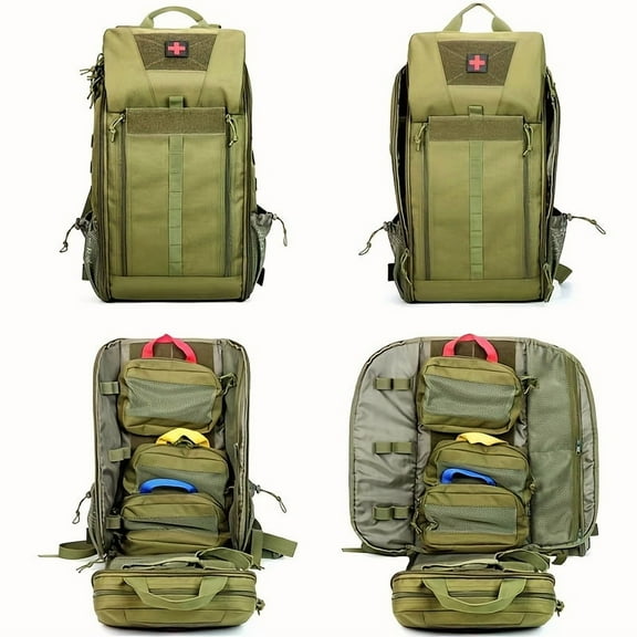 Tactical Medical Backpack - Large MOLLE Webbing - Red Cross Access - Olive Green - For Camping, Hiking, First Aid - Durable & Spacious