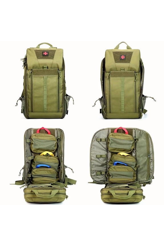 Tactical Medical Backpack - Large MOLLE Webbing - Red Cross Access - Olive Green - For Camping, Hiking, First Aid - Durable & Spacious