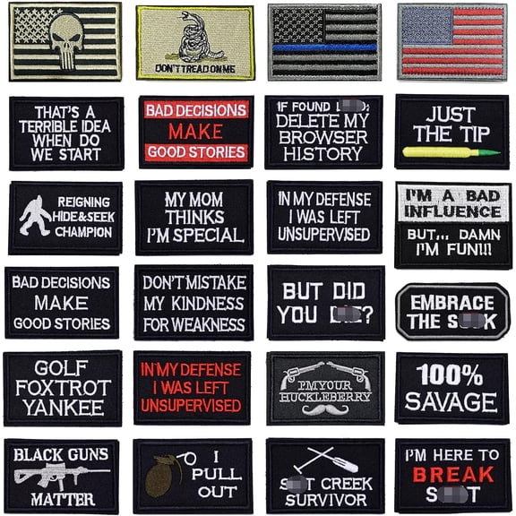 Tactical Morale Embroidered Patch - 24pcs Military Funny Slogan Hook and Loop Patches for Cap,Bag,Backpack,Vest,Hat,Helmet,Gear,Uniforms