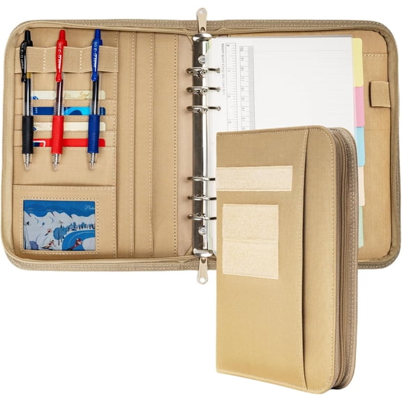 Tactical Padfolio Ring Binder with Zippered, Refillable Planner Portfolio Organizer for Men, Notebook Cover A5 Folder, Small 6 Military Cover(Coyote)