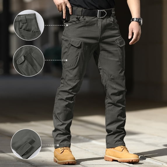 Tactical Pants for Men Water Resistant Hiking Cargo Pants Multi Pockets Waterproof Work Pants (No Belt) Gray L