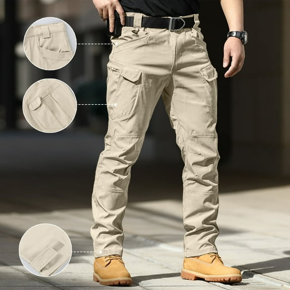 Tactical Pants for Men Water Resistant Hiking Cargo Pants Multi Pockets Waterproof Work Pants (No Belt) Khaki M