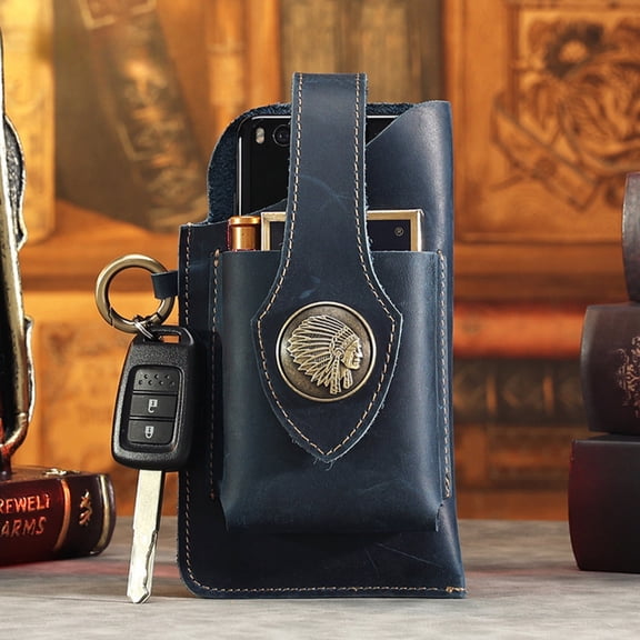 Tactical Phone Pouch Men's Fanny Pack, Genuine Leather, Dark Blue