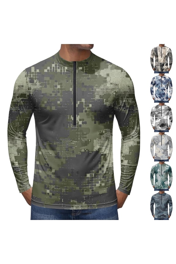 Tactical Quarter Zip Pullover for Men, Pixelated Camo Long Sleeve Moisture Wicking Jersey - Lightweight Breathable Outdoor Hunting Fishing Athletic Top Gray M