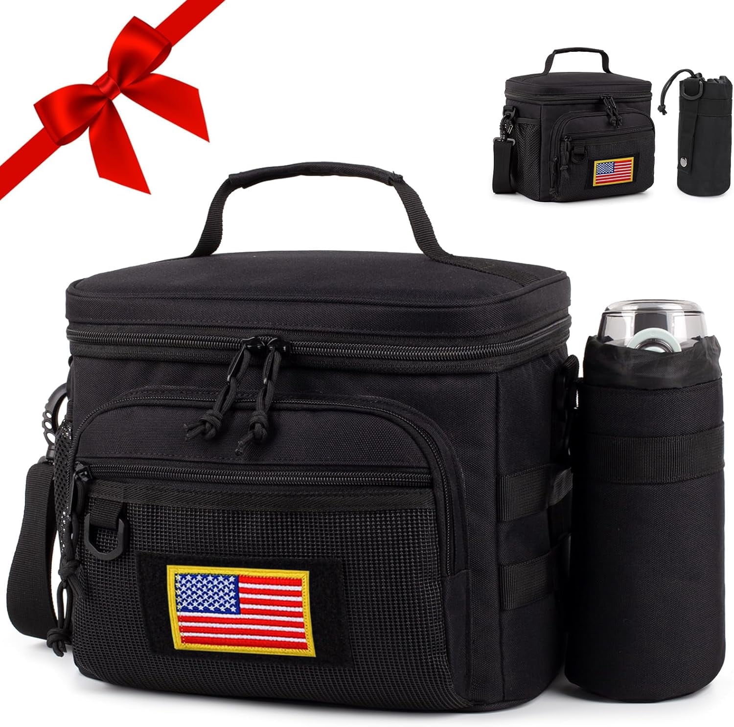 Reusable Lunch Bag for Men/Women - Insulated Lunch Box Leakproof Lunch Pail Freezable with Adjustable Shoulder Strap,Lunch Cooler Bag Picnic Bagremovable water bottle bag，Black