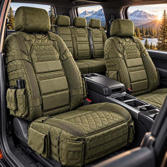 Tactical Seat Covers, Auto Seat Protectors with Car Seat Cover Organizer, Heavy-Duty Quilted Cushion, Adjustable Fit for Trucks, SUVs and Cars