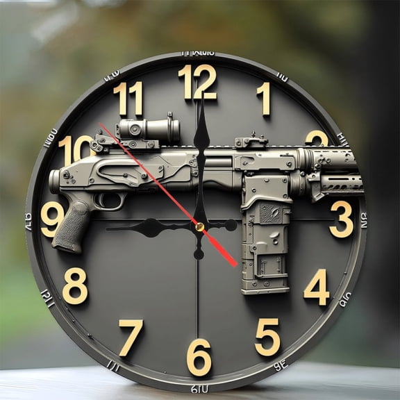 Tactical Shotgun Clock Wall Art Home Decor 10-Inch Silent Wooden Wall Clock, Battery Operated (AA Batteries Not Included), Artistic Home Decor