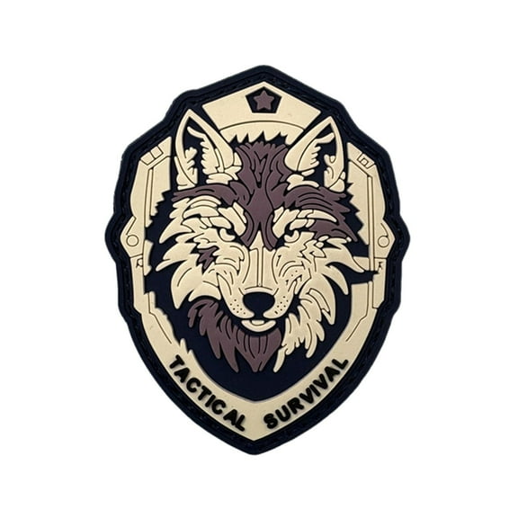 Tactical Survival PVC Wolf Patch with Hook Fastener, Black White Gray Shield Design, 3.27x2.56 Inches, Night Light Feature