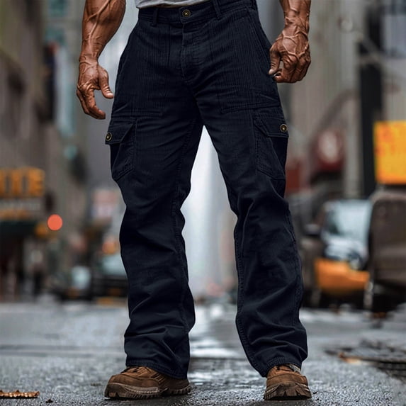 Tactical Sweatpants for Men Lightweight Corduroy Cargo Pants Casual Workout Hiking Athletic Trousers with Pockets New Men's Athletic Pants Dark Blue M
