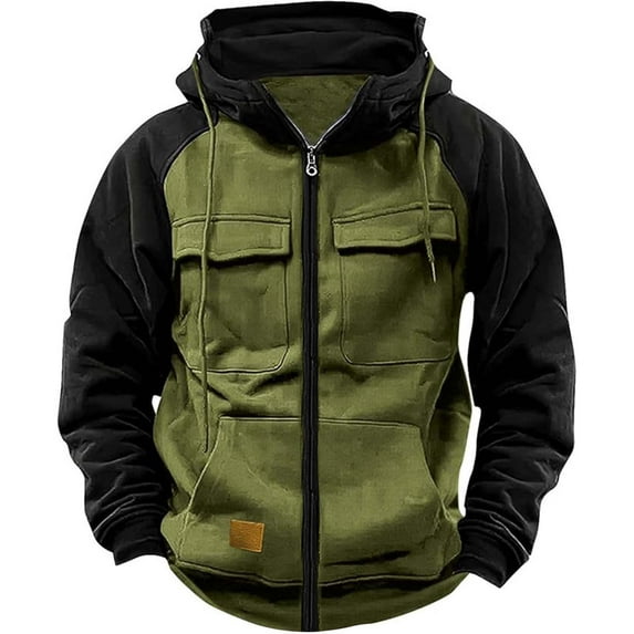 Tactical Sweatshirts Men Hoodies Full Zip Long Sleeve Workout Cargo Pullover Sport Outdoor Winter Jacket with Pocket Army Green XL