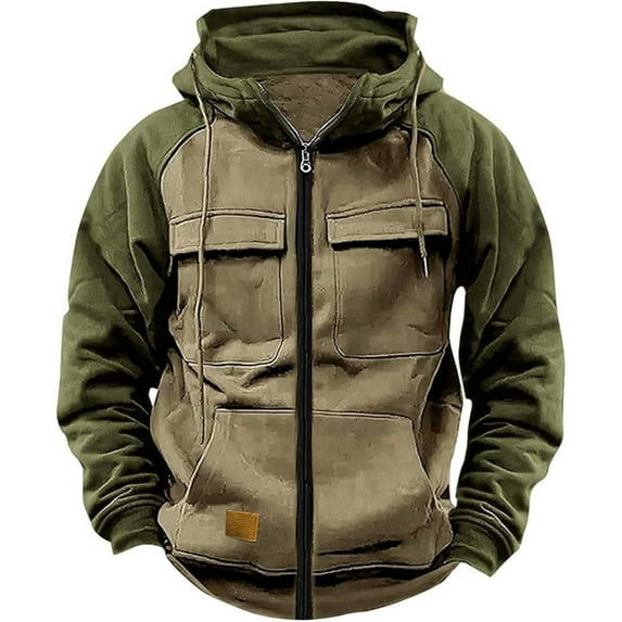Tactical Sweatshirts Men Hoodies Full Zip Long Sleeve Workout Cargo Pullover Sport Outdoor Winter Jacket with Pocket Camel XL