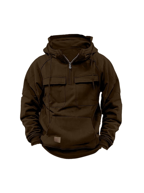Tactical Sweatshirts for Men Hoodies Pockets Long Sleeve Gym Cargo Quarter Zip Pullover Sports Outdoor Jacket (3XL, Brown)