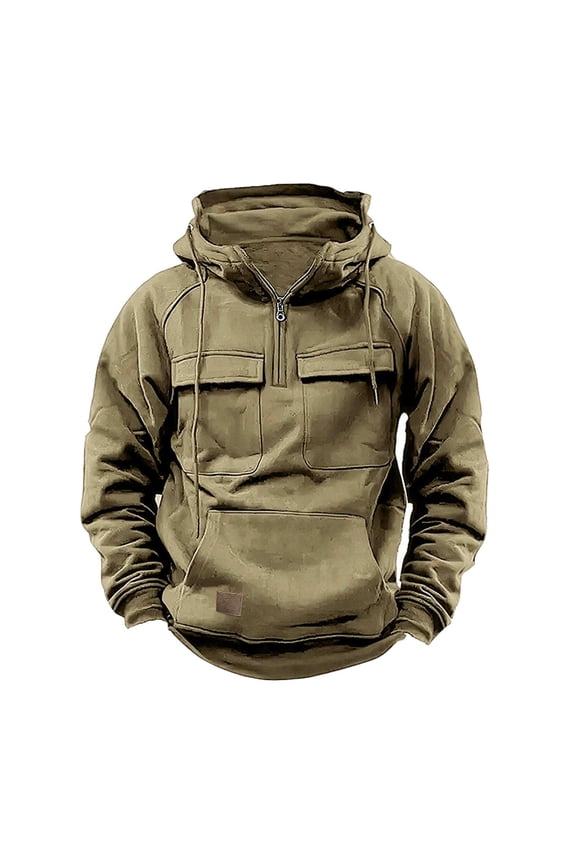 Tactical Sweatshirts for Men Hoodies Pockets Long Sleeve Gym Cargo Quarter Zip Pullover Sports Outdoor Jacket (XL, Khaki)