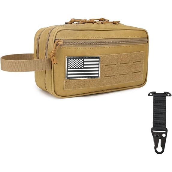 Tactical Toiletry Bag for Men – MOLLE Dopp Kit with Dry/Wet Separation, Large Capacity, Water-Resistant Travel Shaving Bag with U.S Patch & T-Mount MOLLE Clip (khaki)