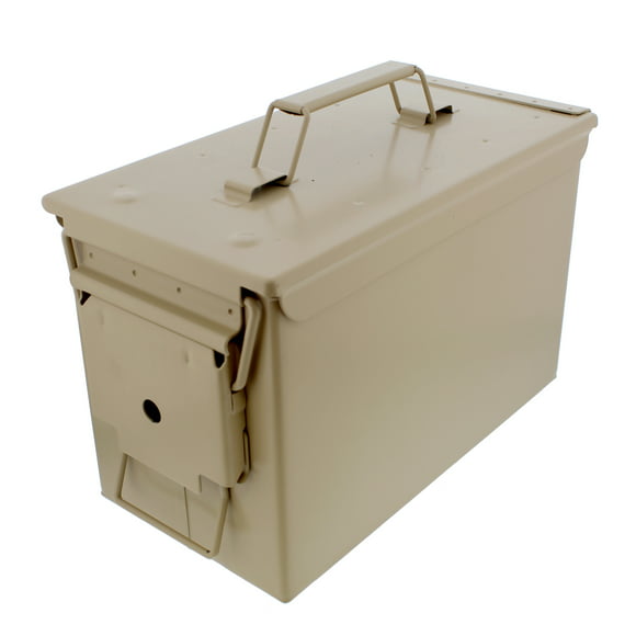 Tactical45 Metal Ammo Box - 50 Cal Tan Ammo Storage Container with Flip Top