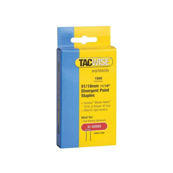 Tacwise - 91 Narrow Crown Divergent Point Staples 18mm - Electric Tackers (Pack 1000)