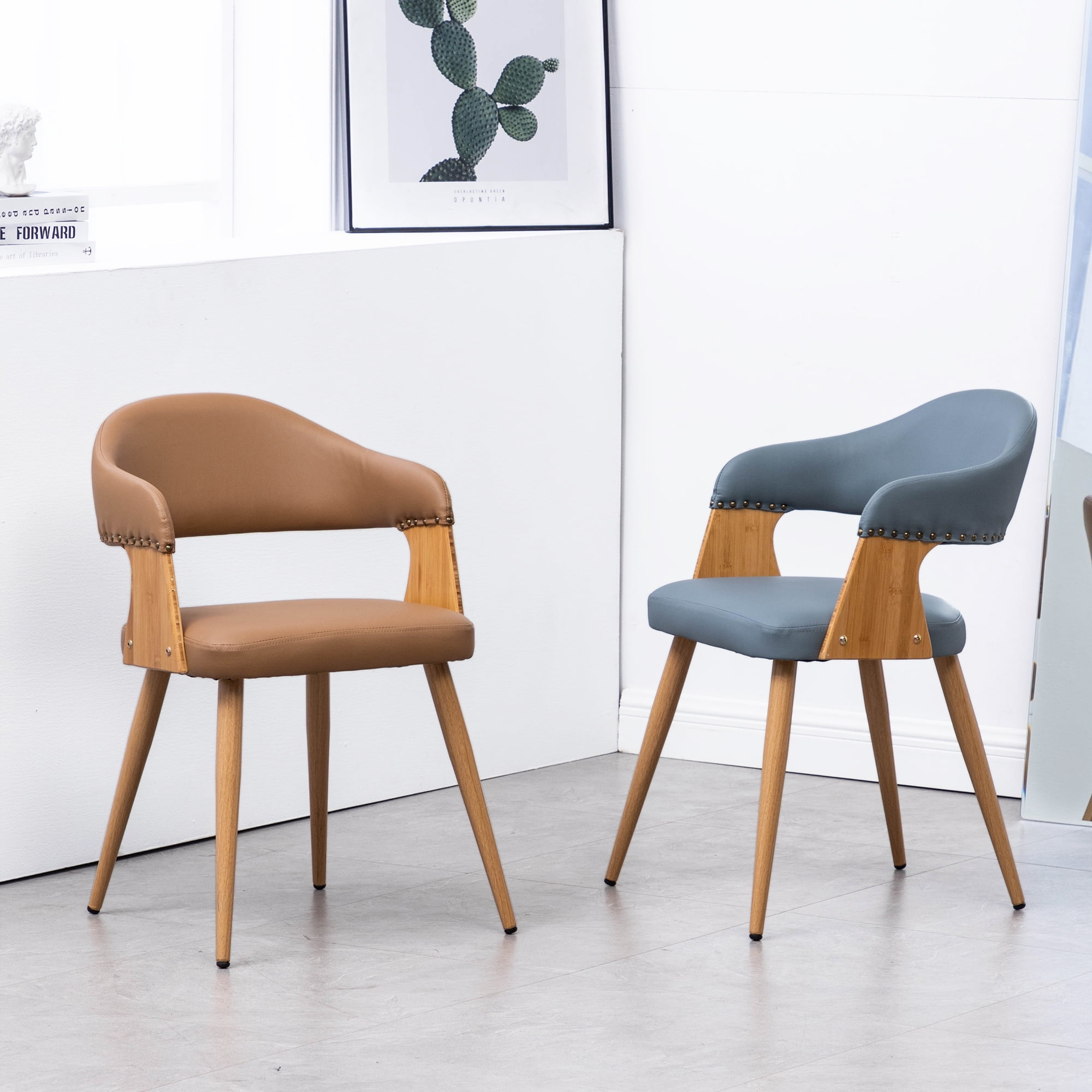 Tadala PU Leather & Wood Dining Arm Chair Open Back (Set 2)