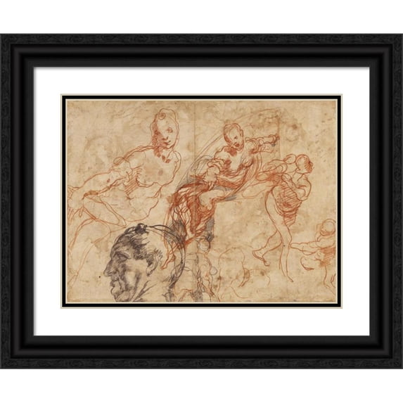 Taddeo Zuccaro 24x19 Black Ornate Framed Double Matted Museum Art Print Titled: Figure Studies (1553-1556)