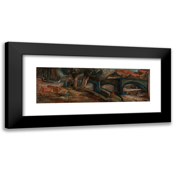 Tadeusz Makowski 14x7 Black Modern Framed Museum Art Print Titled - Landscape with a Bridge and Cows (Espaly) (1920)