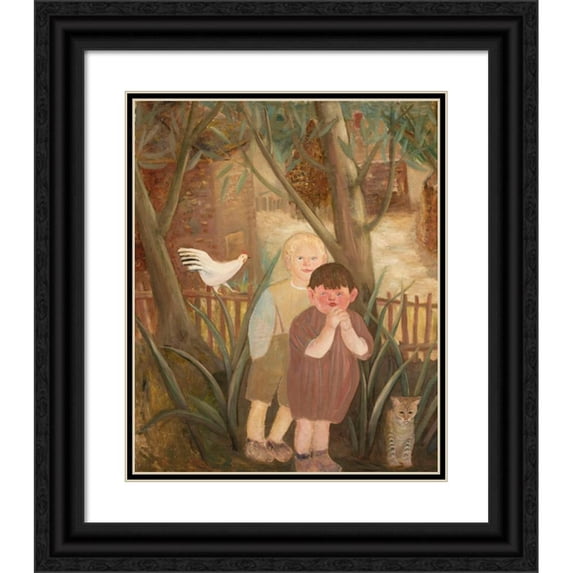 Tadeusz Makowski 15x18 Black Ornate Wood Framed Double Matted Museum Art Print Titled - Two Children with a Cat (1920)