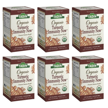 Tadin Organic Turmeric Immunity Now Tea. Promotes Immune System Health and Reduces Heart Risks. Caffeine Free Supplement. 20 Teabags. Pack of 6