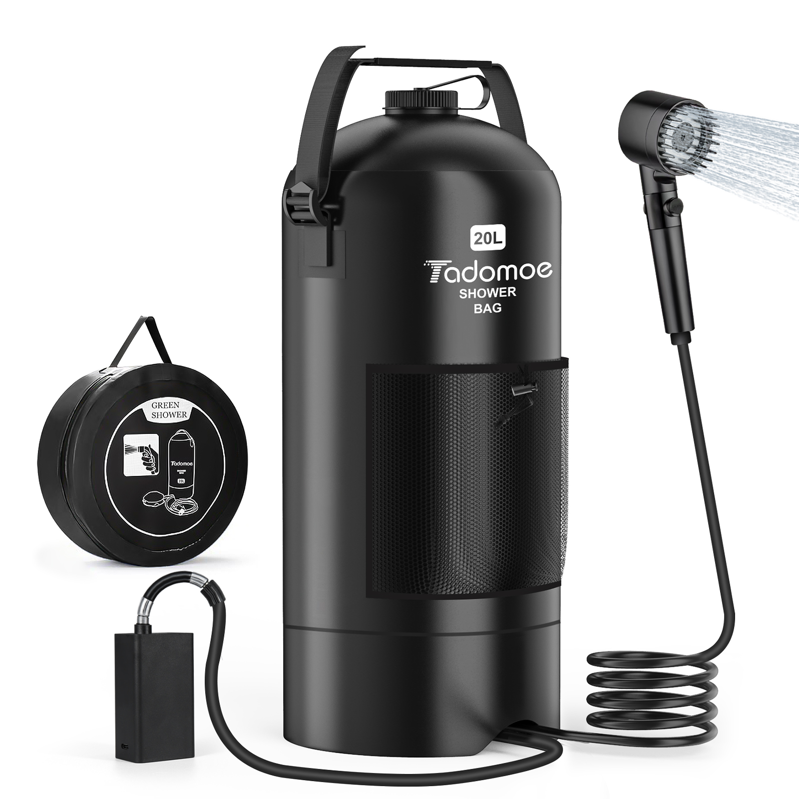 Tadomoe 5 Gallon Portable Solar Camp Shower Bag with Electric Pump - Ideal for Outdoor Use