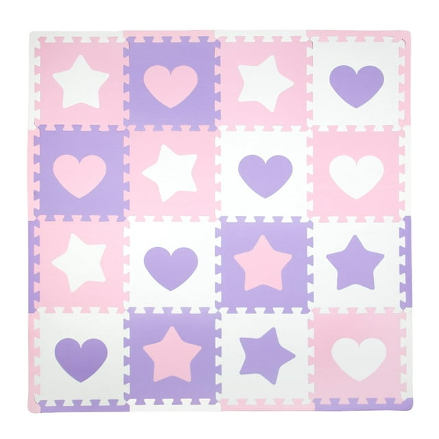 Tadpoles Hearts and Stars Foam Playmats for Baby and Kids, 16 Interlocking Play Mat, Waterproof, Durable, Long-lasting | Total Floor Coverage 50” x 50” | Pink, Purple