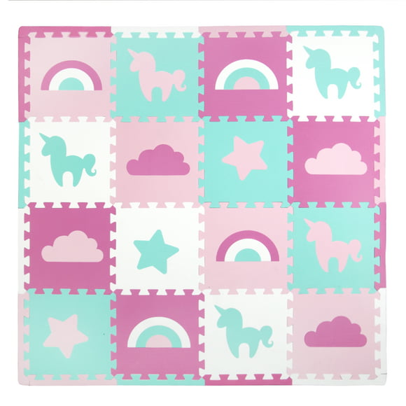 Tadpoles Soft Foam Playmat Set 16pc Unicorns & Rainbows, Pink