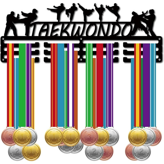Taekwondo Medal Hanger Display Medal Holder Rack Sports Metal Hanging Athlete Awards Iron Wall Mount Decor over 60+ Medals for Competition Ribbon Lanyard Medals Medalist Black 15.7x5.7Inch