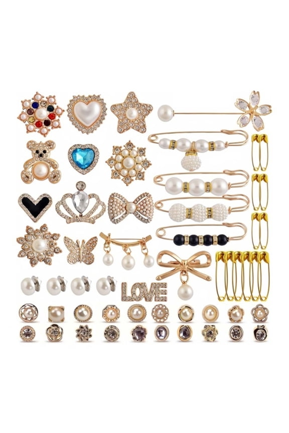 55Pcs Artificial Pearls Rhinestones Charm for Socks Brooch Pin Artificial Pearls Safe Pin Dress Sweater Shawl Clip