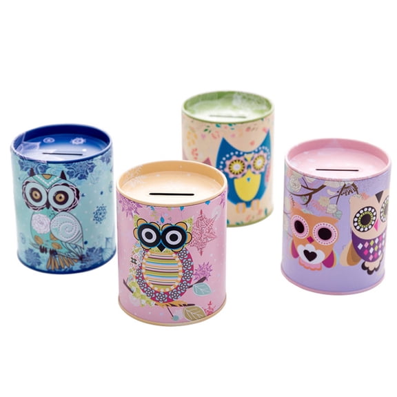 Taeuda Creative Vintage Tinplate Cylinder Piggy Bank Cartoon Colorful Geometric Owl