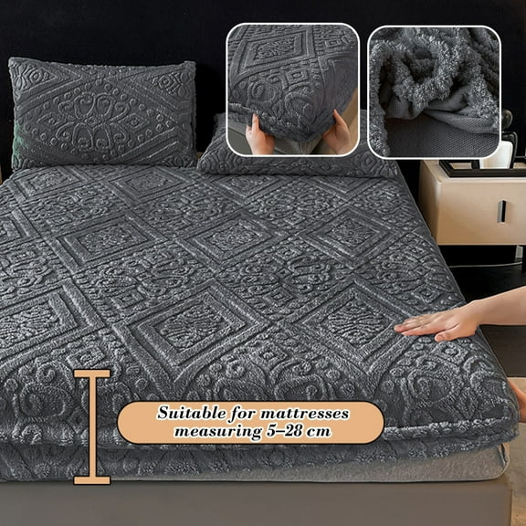 Taffeta Fitted Sheet, Winter Bed Sheets with Soft Flock Fabric, Deep Pocket Mattress Cover for Warmth and Secure 360 Fit, Easy Care Gray Bedding