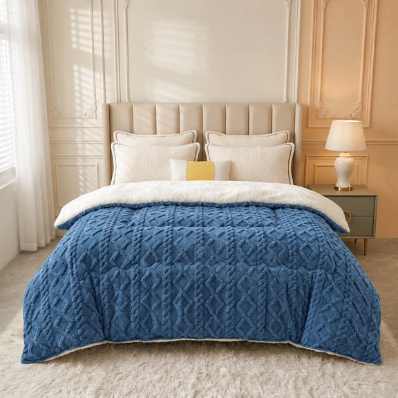 Taffeta Fleece Reversible Comforter, Plush Warm Bed Quilt, Luxury Winter Bedroom Decor Bedding Blue King 104"×90"